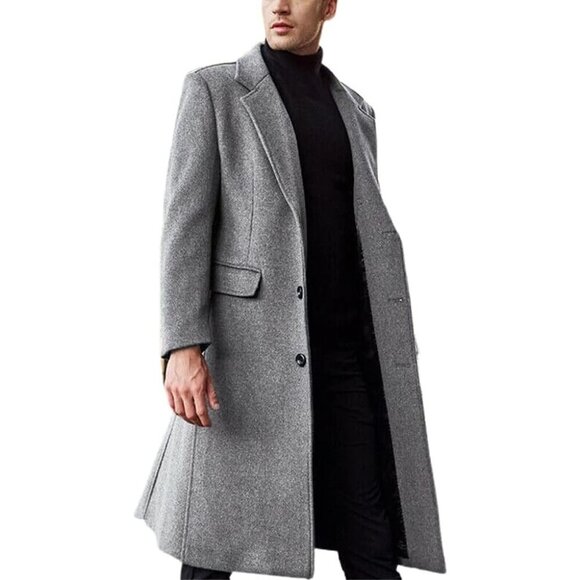 Chouyatou Men's Fall Winter Office Single Breasted Long Dress Wool Coat Overcoat - Picture 1 of 3